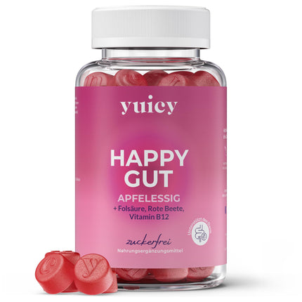 YUICY® Apple Cider Vinegar Gummies - With B12 &amp; Folic Acid for Energy, Digestion &amp; Metabolism - Vegan &amp; Sugar-Free - Delicious Apple Flavor - Apple Cider Vinegar Gummies - 60 pcs. - HAPPY GUT