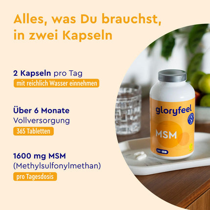 MSM Capsules - 365 vegan capsules - Laboratory-tested 1600mg methylsulfonylmethane (MSM) per daily dose - 99.9% pure MSM powder - High dosage &amp; without additives, made in Germany