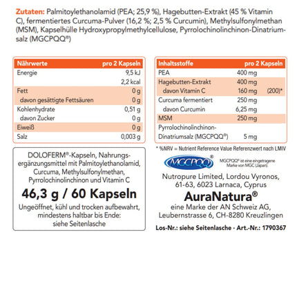 Aura Natura Fermentura Doloferm - with PEA (palmitoylethanolamide), PQQ, MSM, rosehip extract, and fermented turmeric | Supports the well-being of muscles, joints, and back | 60 capsules