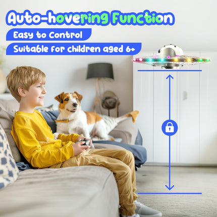 Drone RC UFO for children and beginners, remote-controlled aircraft with light, RC aircraft helicopter quadcopter with automatic hover function and 2 batteries (15 mins)