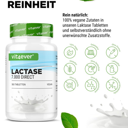 Lactase 7,000-365 Tablets with immediate effect - High dosage with 7,000 FCC units - For lactose intolerance and milk intolerance - No unwanted additives - Laboratory-tested - Vegan