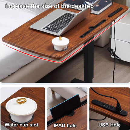 Overbed table with wheels and USB nightstand made of metal, foldable USE-Lift nightstand, laptop table with hidden wheels, with power connection, USB holes, cup holder, etc. (brown, 80 x 40 x 66