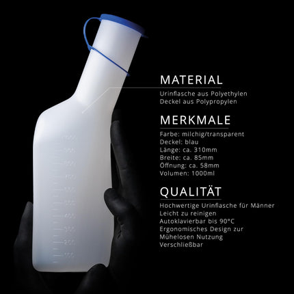 Urine bottle for men, 1000 ml, square, milky color with blue cap: disinfectable and heat-resistant urine collection container for men