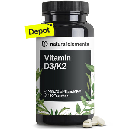 Vitamin D3 + K2 Depot – 180 tablets – Premium quality: K2VITAL® by Kappa – 99.7+% All-Trans K2-MK7 + 5000 IU Vitamin D3 – high dosage, no additives – produced in Germany &amp; laboratory-tested