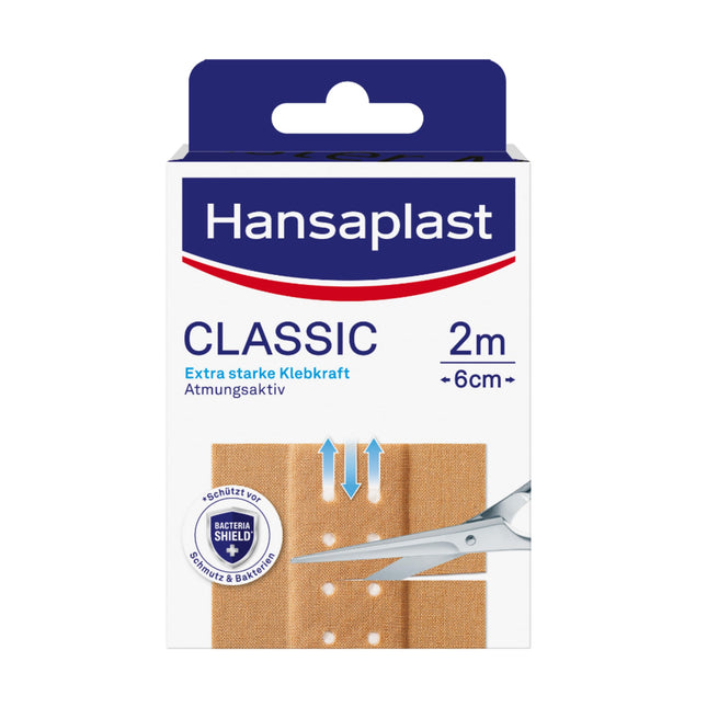 Hansaplast Classic plasters (2 mx 6 cm), cuttable wound plasters with extra strong adhesive and Bacteria Shield, flexible and breathable dressing material