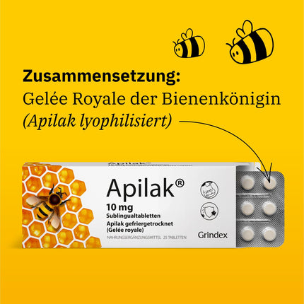 Apilak Grindex 10 mg - Dietary Supplement with Liophilized Royal Jelly | Support for Adults and Children | 25 Natural Sublingual Tablets