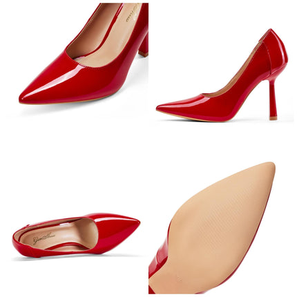 GENSHUO Unique conical stiletto heels – 10 cm high, pointed toe for an elegant and confident style, red patent leather, 39 EU