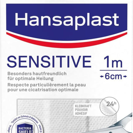 Hansaplast Sensitive Plasters (1 mx 6 cm), cuttable and skin-friendly wound plasters with Bacteria Shield &amp; secure adhesive strength, painless removal plasters