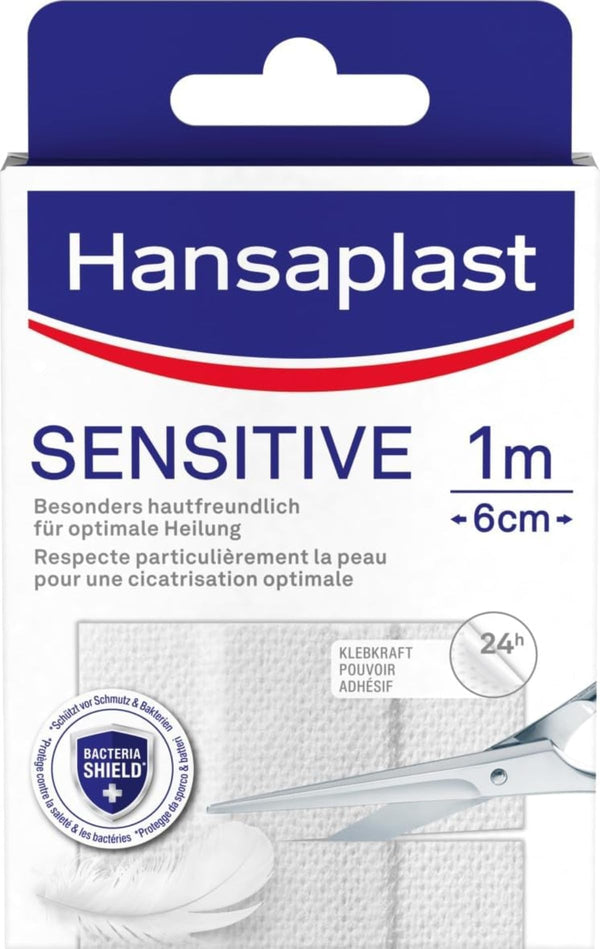 Hansaplast Sensitive Plasters (1 mx 6 cm), cuttable and skin-friendly wound plasters with Bacteria Shield &amp; secure adhesive strength, painless removal plasters