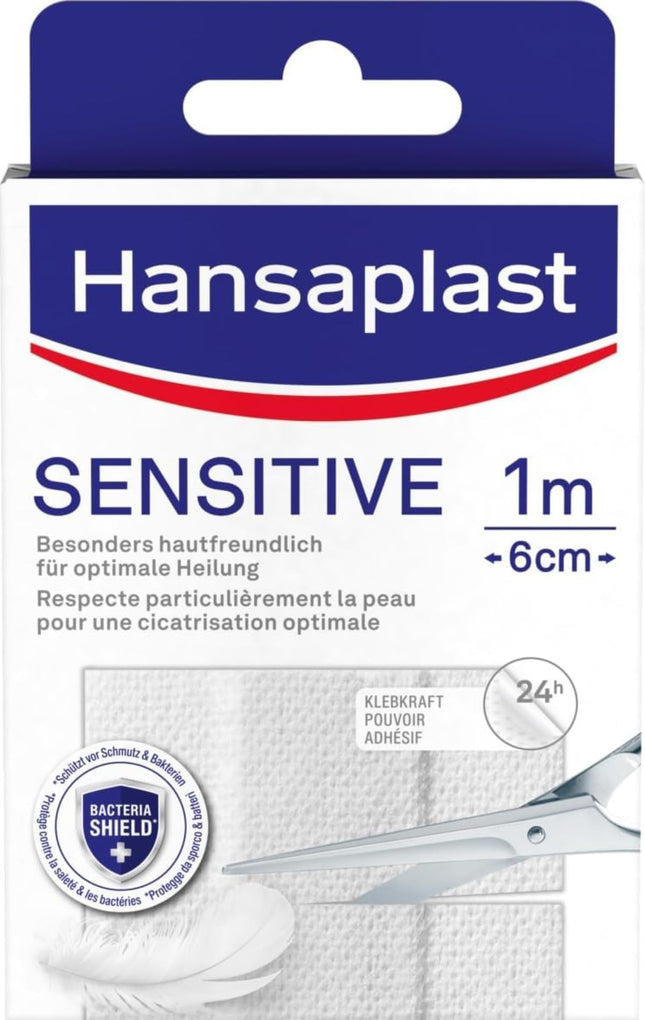 Hansaplast Sensitive Plasters (1 mx 6 cm), cuttable and skin-friendly wound plasters with Bacteria Shield &amp; secure adhesive strength, painless removal plasters