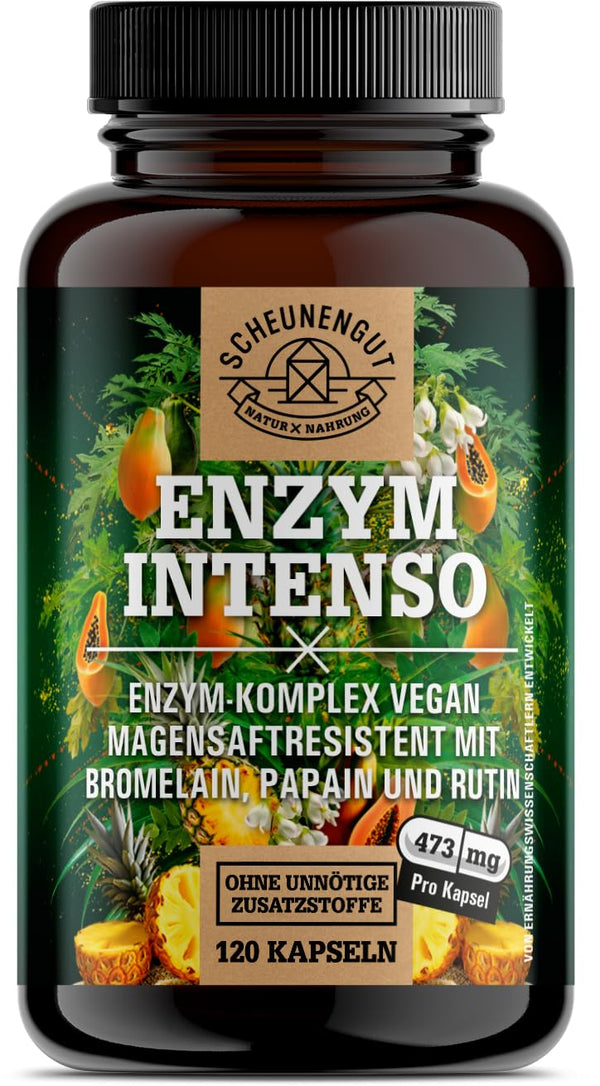 ENZYM INTENSO® Bromelain Capsules - IMPORTANT: Laboratory-tested formula with bromelain (5000 FIP), papain, rutin | pineapple &amp; papaya enzyme - 120 gastro-resistant capsules - SCHEUNENGUT®