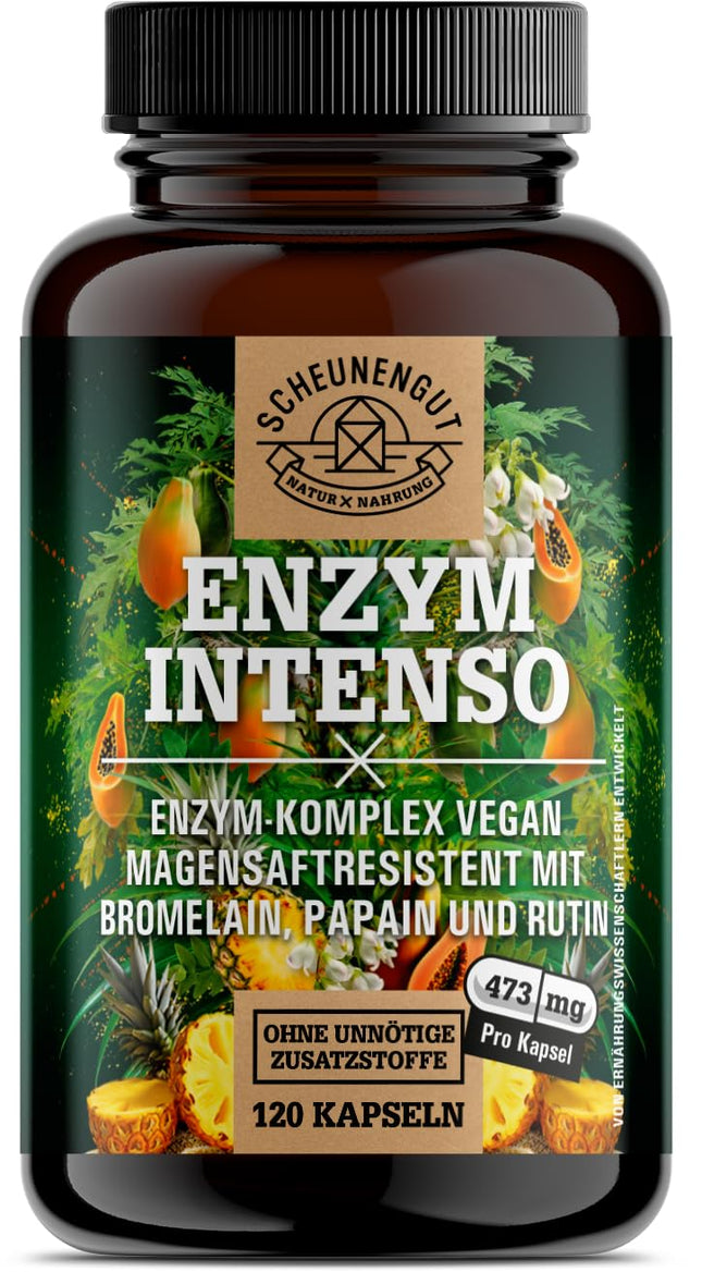 ENZYM INTENSO® Bromelain Capsules - IMPORTANT: Laboratory-tested formula with bromelain (5000 FIP), papain, rutin | pineapple &amp; papaya enzyme - 120 gastro-resistant capsules - SCHEUNENGUT®