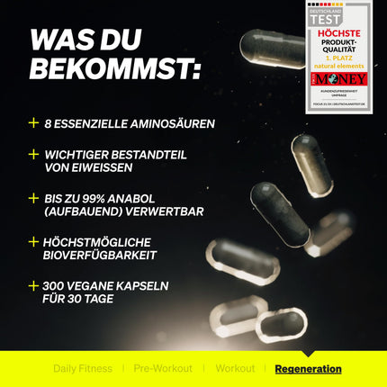 EAA capsules high-dose – 300 capsules – 8 essential amino acids – vegan, without unnecessary additives – produced in Germany &amp; laboratory-tested