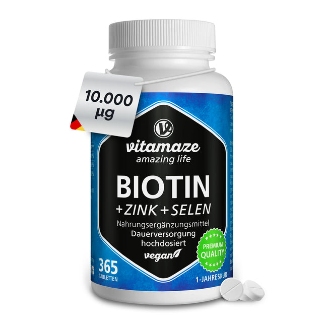 High-dose biotin 10,000 mcg + selenium + zinc for hair growth, skin &amp; nails, 365 vegan tablets for 1 year, dietary supplement without additives, Made in Germany