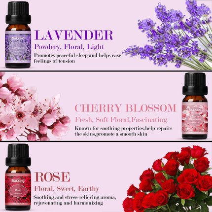 SALKING Essential Oils Set, Aromatherapy Fragrance Oil Gift Set, 100% Pure Fragrance Oils for Diffusers, Fragrance Lamps, Humidifiers, Massage, 6 x 10 ml (Lavender, Rose, Cherry Blossom, Jasmine, Gardenia, Chamomile)
