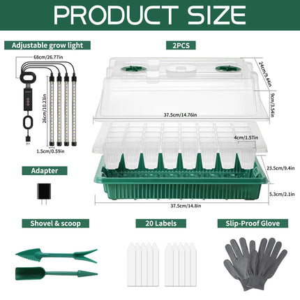 Indoor greenhouse growing box, 2 pieces 80 cell seedling starter trays, starter trays with growth light, with plant lamp, gloves, labels, small gardening tools, for seedling plants.