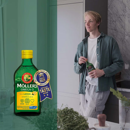 Möller's Omega 3 Cod Liver Oil | Nordic Omega 3 supplement with EPA, DHA, vitamins A, D, and E | Superior Taste Award | Highly pure natural | 165-year-old brand | Lemon | 500 ml