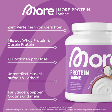 MORE Protein, cream, 600 g, mix of whey concentrate and casein, ideal for building and maintaining muscle, with lactase, perfect for cooking and baking - made in Germany (packaging may vary)