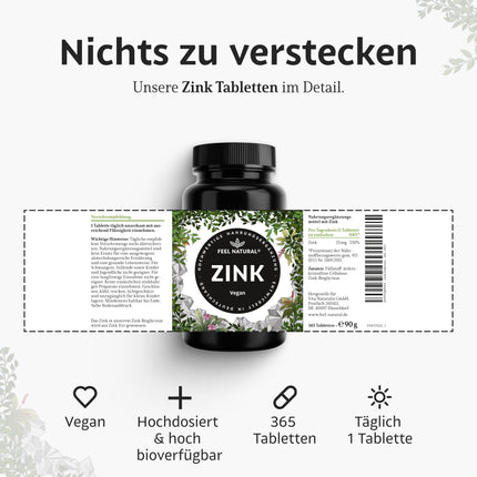 Zinc Tablets - 365 tablets in a year's supply - High dosage with 25mg per daily dose - High-quality: zinc bisglycinate - Laboratory-tested, without additives such as magnesium stearate - Vegan