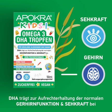 Omega 3 Vegan – No Fish Flavor – Vegan Omega 3 Oil for Infants, Toddlers, and Children – Sustainable Algae Oil, Alternative to Fish Oil – 50 ml | APOKRA Kids Vegan Omega 3 Algae Oil