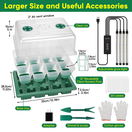 BlumWay Indoor Greenhouse Propagator with Plant Lamp, 2 Pack 24 Cell Seedling Trays with Humidity Dome, Reusable Propagation Plate, Mini Greenhouse Small Grow Kit
