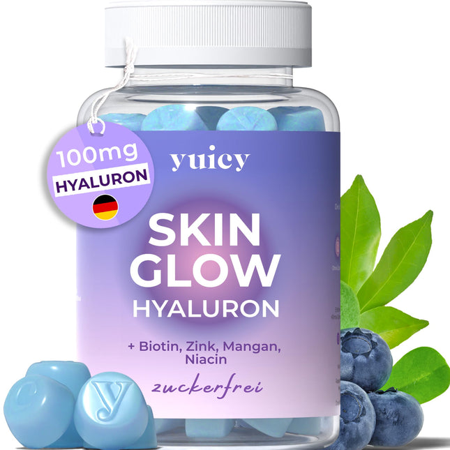 Yuicy Skin Glow - Hyaluronic Acid Gummies – sugar-free, high-dose skin vitamins for clear and beautiful skin. With biotin, zinc, and 6 other nutrients. Vegan and made in Germany. 60 Gummies.
