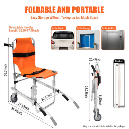 Stair Chair Stair Lift Foldable Stair Climber Wheelchair 159kg Load Capacity Transport Wheelchair Portable Stair Lift, For Hospitals, Emergency Centers And Households (Orange)