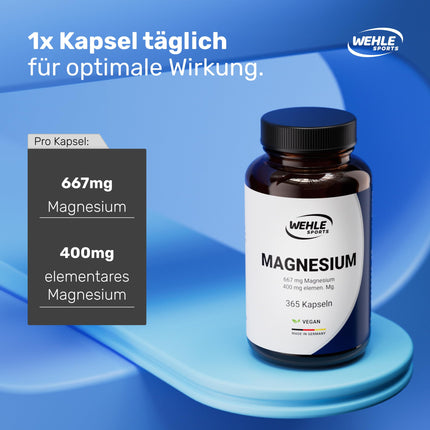 Magnesium 400mg Capsules High Dose - 365 Capsules (1 Year) 667mg per capsule, of which 400mg elemental magnesium | Laboratory tested Vegan - Wehle Sports