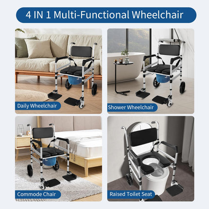 Eosprim height-adjustable toilet wheelchair, toilet chair for seniors with wheels, commode chair for seniors, shower chair with wheels for the disabled, mobile toilet chair with arms