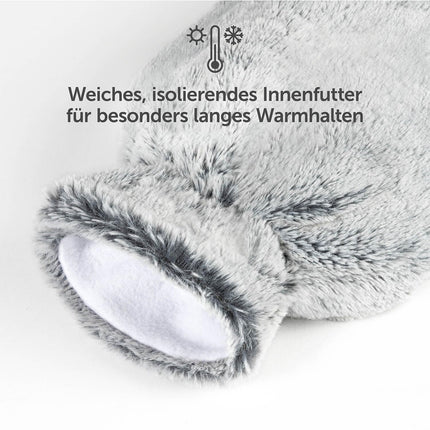 Blumtal Premium hot water bottle with soft faux fur cover 1.5l - hot water bottle made of natural rubber - hot water bottle girlfriend gift - hot water bag luxury - leak-proof hot water bottle gray