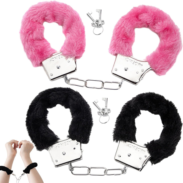 DALAETUS 2 Pairs of Handcuffs with 4 Keys Set, Pink Plush Handcuffs for Cosplay, Party Supplies, Sexy Black Metal Handcuffs for Police Costume Props, Gifts, Valentine's Day Gifts