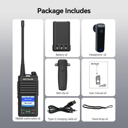 Retevis RB658 Walkie Talkie App, Bluetooth Two-Way Radio 1800 mAh, AI Noise Cancelling, 1.77-inch Screen, Walkie Talkies with Wireless Earpiece, for Fleets, Vehicle Driving (2 Pack, Black)
