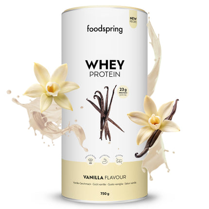 foodspring - Whey Protein Powder Vanilla – With 23g of protein for muscle building, perfect solubility, ultrafiltered, rich in BCAAs &amp; EAAs – full-bodied &amp; delicious taste (750g)