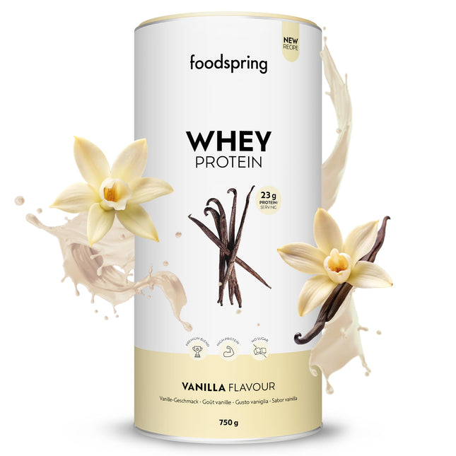 foodspring - Whey Protein Powder Vanilla – With 23g of protein for muscle building, perfect solubility, ultrafiltered, rich in BCAAs &amp; EAAs – full-bodied &amp; delicious taste (750g)