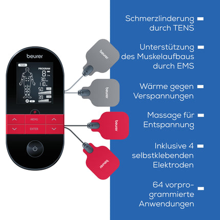 Beurer EM 59 Heat digital TENS / EMS device, 4-in-1 electrical stimulation device for pain therapy, muscle stimulation, massage and heat therapy, including 4 electrodes and battery