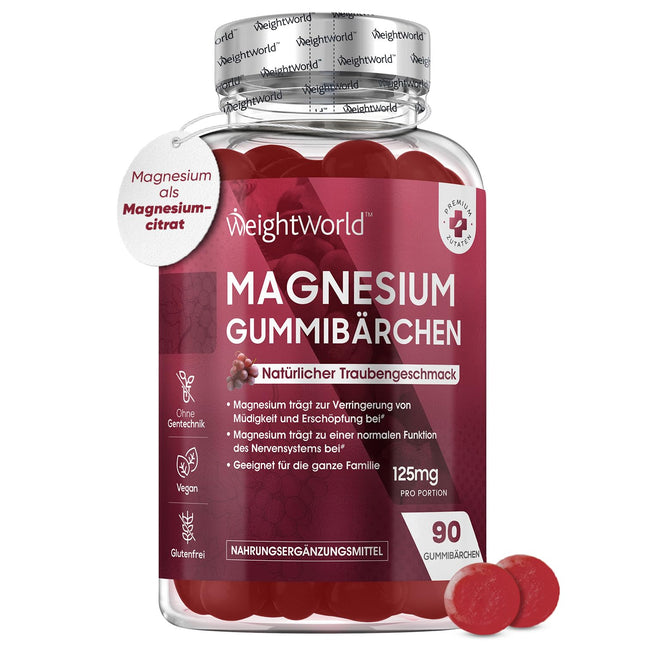 Magnesium Gummies 125mg - 90 Magnesium Citrate Gummies for Adults &amp; Children - For Fatigue, Nervous System &amp; Electrolytes (EFSA) - Grape Flavor - Alternative to Capsules &amp; Tablets - WeightWorld