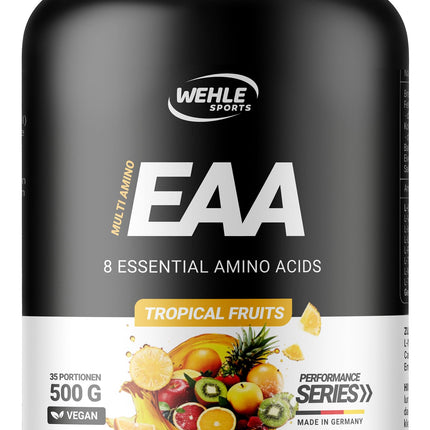 Wehle EAA Powder 500g, fine amino powder with 8 essential amino acids, Human Code Formula I Delicious taste &amp; top solubility - Vegan sugar, Amino Workout Drink (500g, Tropical Fruits)