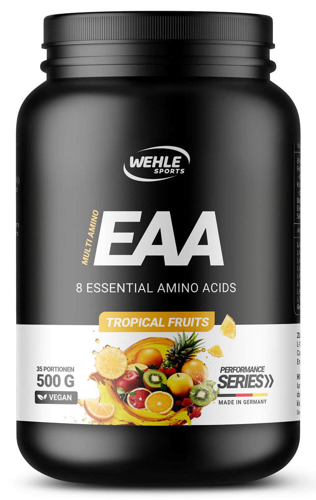 Wehle EAA Powder 500g, fine amino powder with 8 essential amino acids, Human Code Formula I Delicious taste &amp; top solubility - Vegan sugar, Amino Workout Drink (500g, Tropical Fruits)