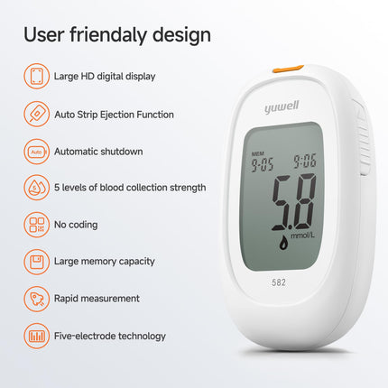 yuwell blood glucose meter set with test strips x 50 and lancets x 50, diabetes test ideal for home use, glucose meter for self-monitoring of blood sugar in diabetes (model 582)
