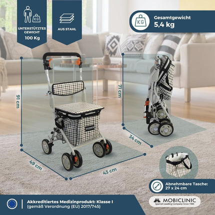 Mobiclinic®, Shopping Trolley Rollator, Walker with Large Shopping Bag and Seat, 21L, Foldable, Lightweight, Shopping Cart, Double Brake System, Walking Aid, Made of Steel, Stable