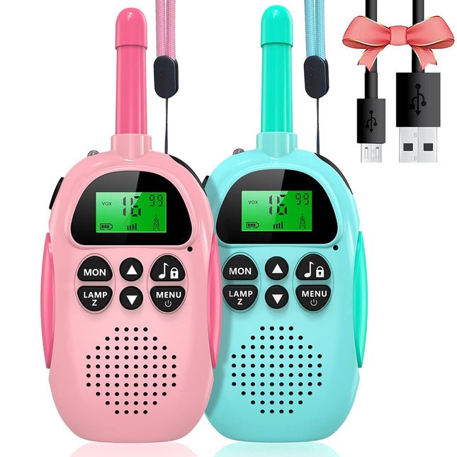 ULEWAY Walkie Talkie for Kids? Rechargeable Two-Way Radio, 3 km Range, Boy Girl Toy 4-12+ Years, 16 Channels, Walkie Talkie for Outdoor Adventures, Camping, Hiking 2 Pack - Pink Blue