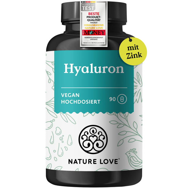 NATURE LOVE® Hyaluronic Acid Capsules with Zinc - High Dose with 500mg - for Skin, Hair &amp; Nails - 90 Hyaluronic Acid Capsules - Vegan, Laboratory Tested, No Additives &amp; Produced in Germany