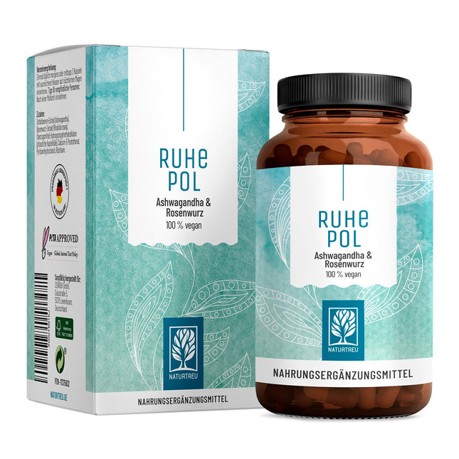 NATURTREU® Ruhepol - Ashwagandha Capsules High Dosage - 120 Vegan Capsules - 500 mg Ashwagandha per day - Ashwagandha Complex with Rhodiola Rosea Extract - No unwanted additives - Laboratory tested