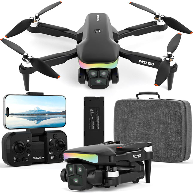 GPS Drone with 4k Camera for Adults Kids, RGB LED Light 90°Electric Adjust Lens, Professional GPS Drone 5GHz WiFi Live Video, RC FPV F417 Drone Auto Return, Follow Me, Handbag, under 250g