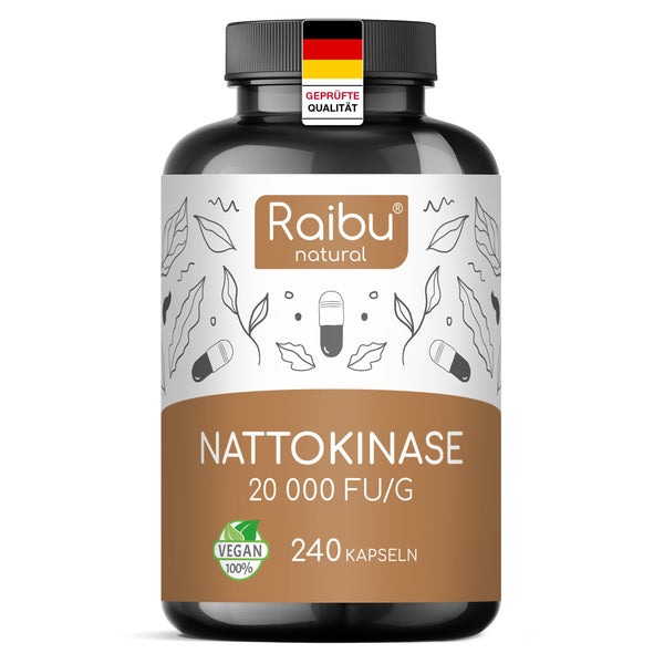 Nattokinase Capsules High Dose 240 Capsules 100 mg each (20,000 FU/g) - 8 Month Supply, Laboratory Tested, Vegan - No Additives - Raibu
