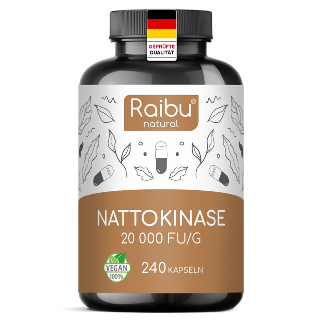 Nattokinase Capsules High Dose 240 Capsules 100 mg each (20,000 FU/g) - 8 Month Supply, Laboratory Tested, Vegan - No Additives - Raibu