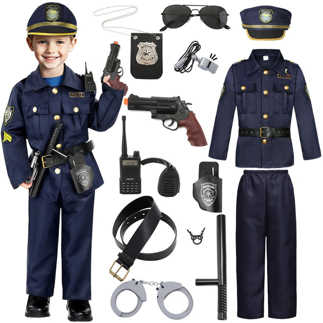 Fover Police Costume Kids Boys 12pcs Police Equipment Police Batons Police Signals Police Hat Shirt Walkie Talkies Police Toy Set Halloween Carnival Birthday Police Costume FR010XL