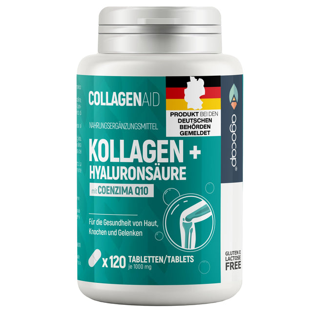Collagen Capsules - Hyaluronic acid &amp; Collagen complex, 120 capsules. Enriched with coenzyme Q10 and hyaluronic capsules. Collagen for joints and skin. Laboratory tested and registered in Germany.