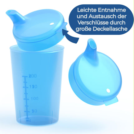 Horn Medical 3-pack 250ml adult sippy cup/drinking aid sets with two lids (large &amp; small opening) per set - color selectable (blue)