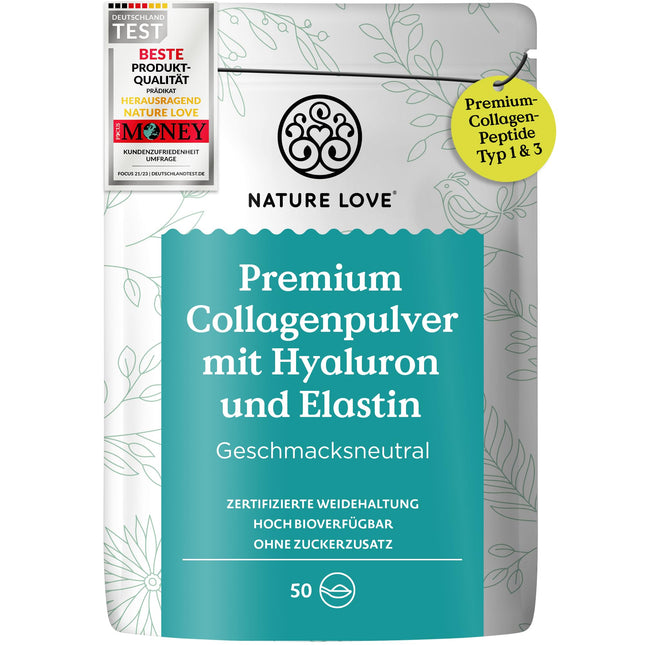 NATURE LOVE® Premium Collagen Powder with Hyaluronic Acid and Elastin - 500g Collagen - Peptides Type 1 and 3 - Tasteless - Collagen from pasture-fed cattle - Laboratory-tested